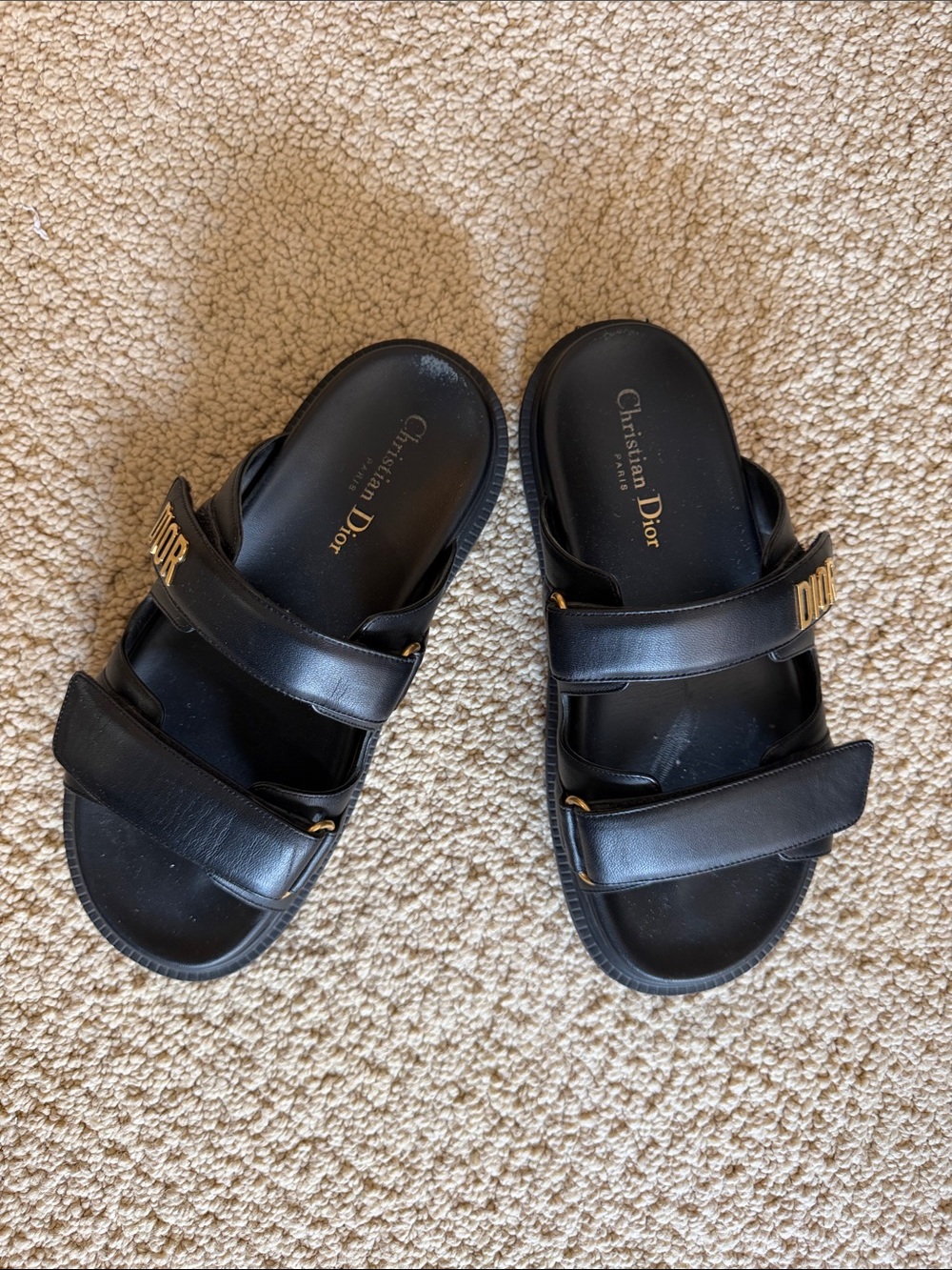 Dior Black Leather Dual-Strap Slide Sandals with Gold Logo 39
